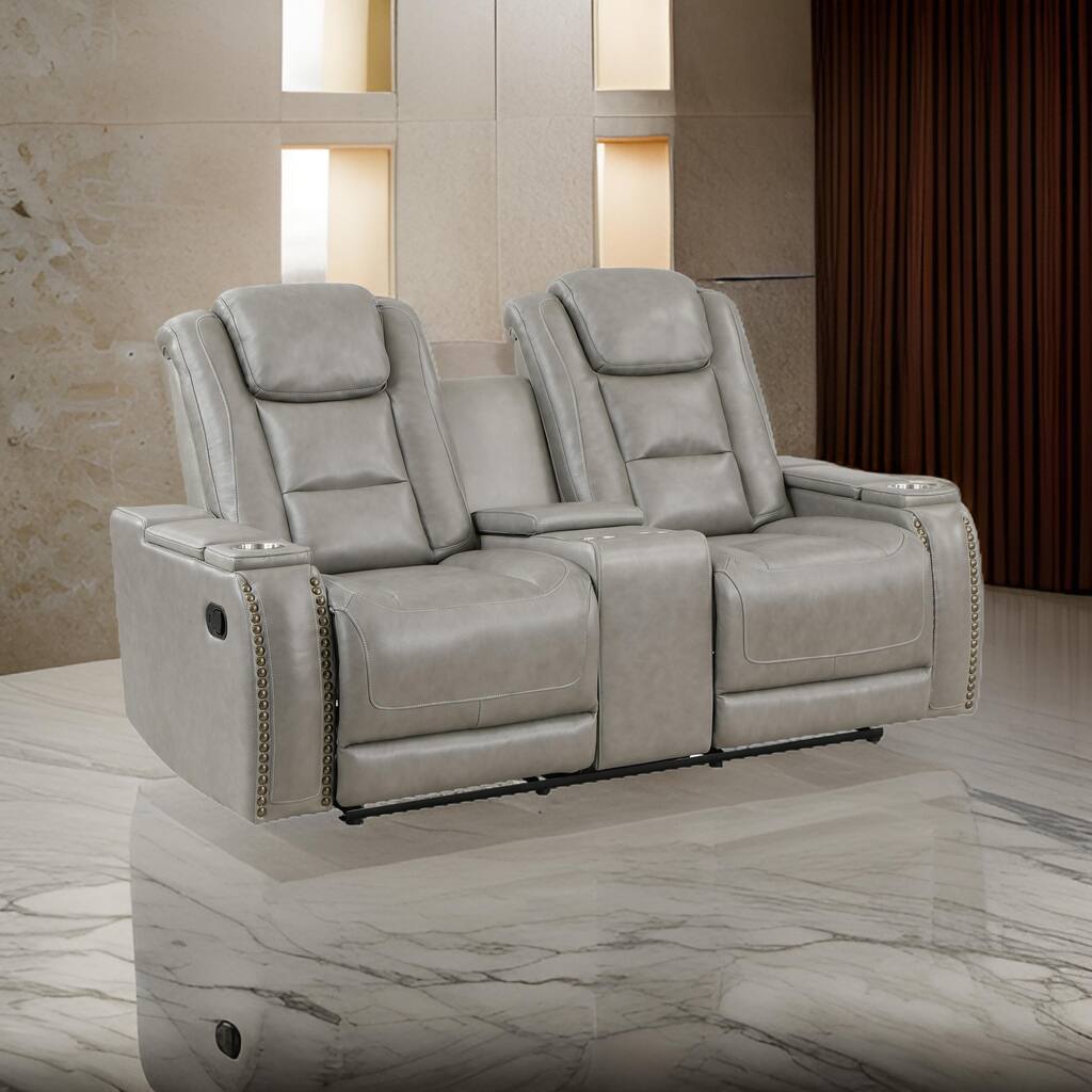 Luxe 73 Inch Console Loveseat, Dual Manual Recliner, Gray Real Leather