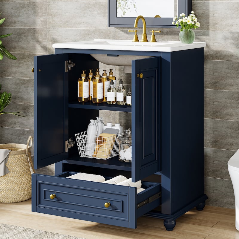 24'' Modern Freestanding Solid Wood Bathroom Vanity with Ceramic Sink, Adjustable Shelf Storage