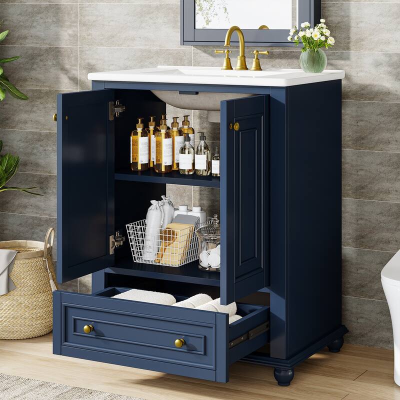 24 Inches Solid Wood Modern Bathroom Vanity with Ceramic Sink, Adjustable Shelf Storage