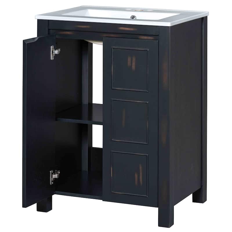 Freestanding Bathroom Vanity Set of 2, Weathered Texture Storage Cabinets with Ceramic Sinks, Storage Shelf and Soft Close Doors