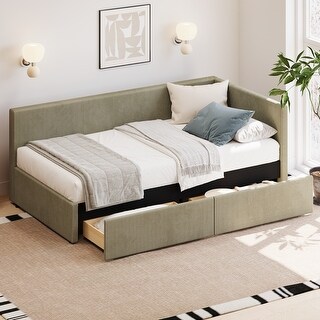 Twin Size Upholstered Daybed with Vertical Striped Design, L Shape Corner Bed with 2 Storage Drawers
