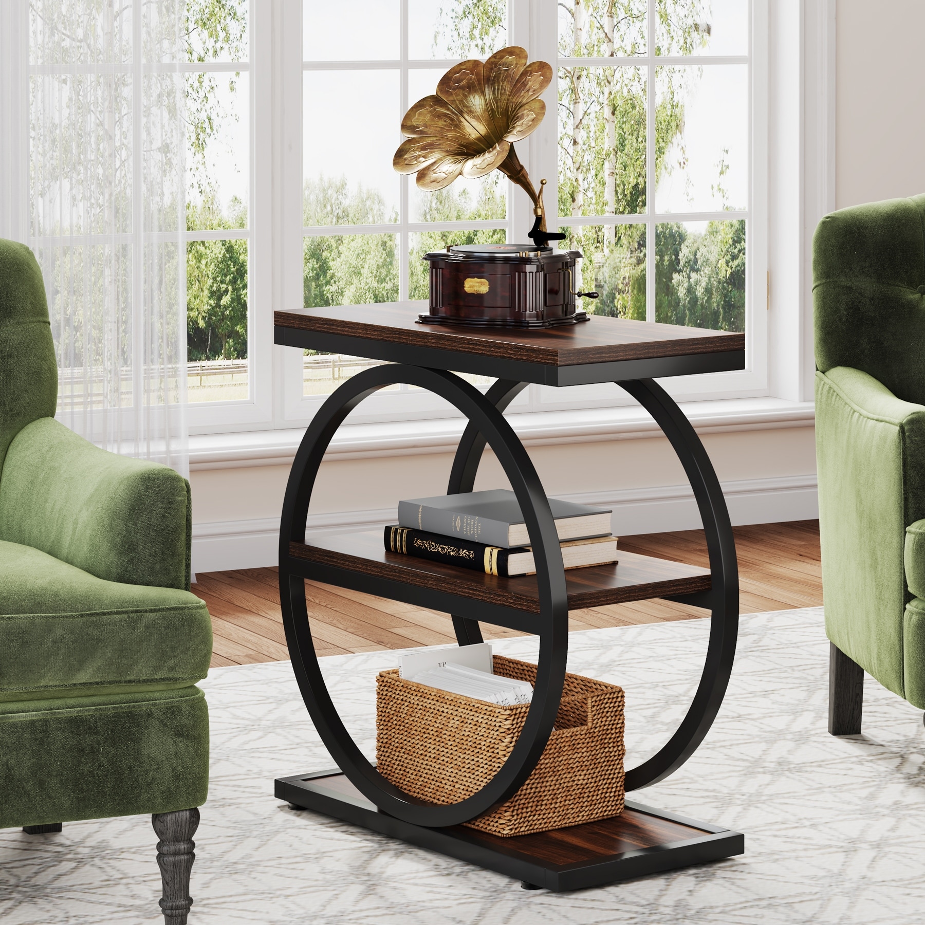 Narrow End Table with 3 Storage Shelves, Wood Side Table for Living Room