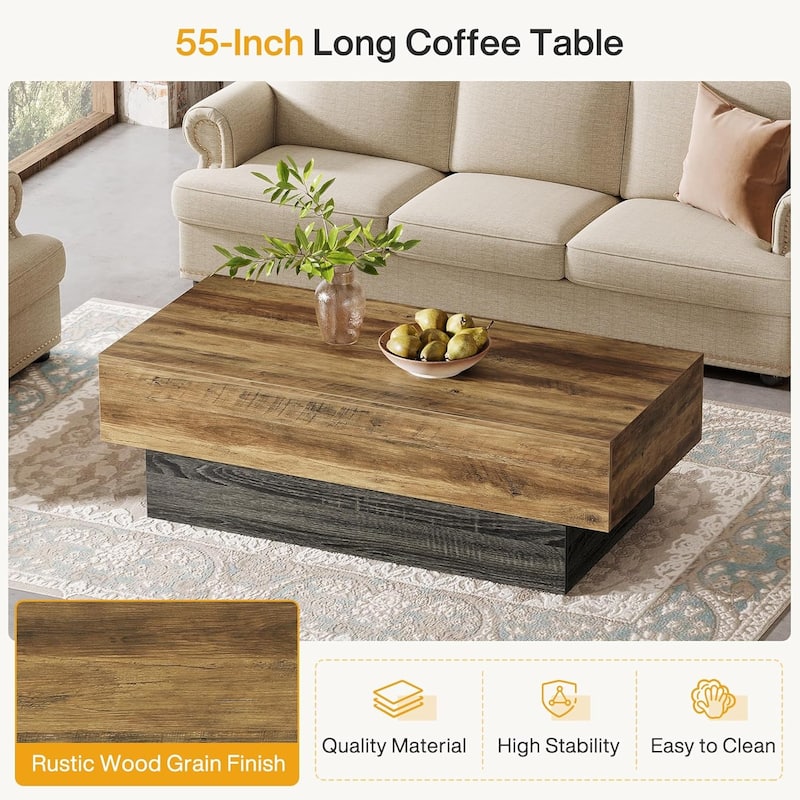55" Wood Coffee Table, Large Rectangle Tea Table Vintage Center Table for Living Room, Office Reception