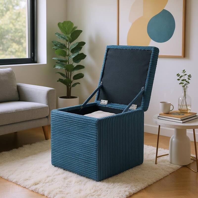 Modern Square Corduroy Ottoman Footrest with Hidden Storage for Living Room or Bedroom