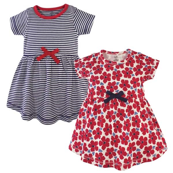 slide 1 of 1, Touched by Nature Baby and Toddler Girl Organic Cotton Short-Sleeve Dresses 2pk, Red Flowers 2T - Baby Toddler Red Flowers Short Sleeve