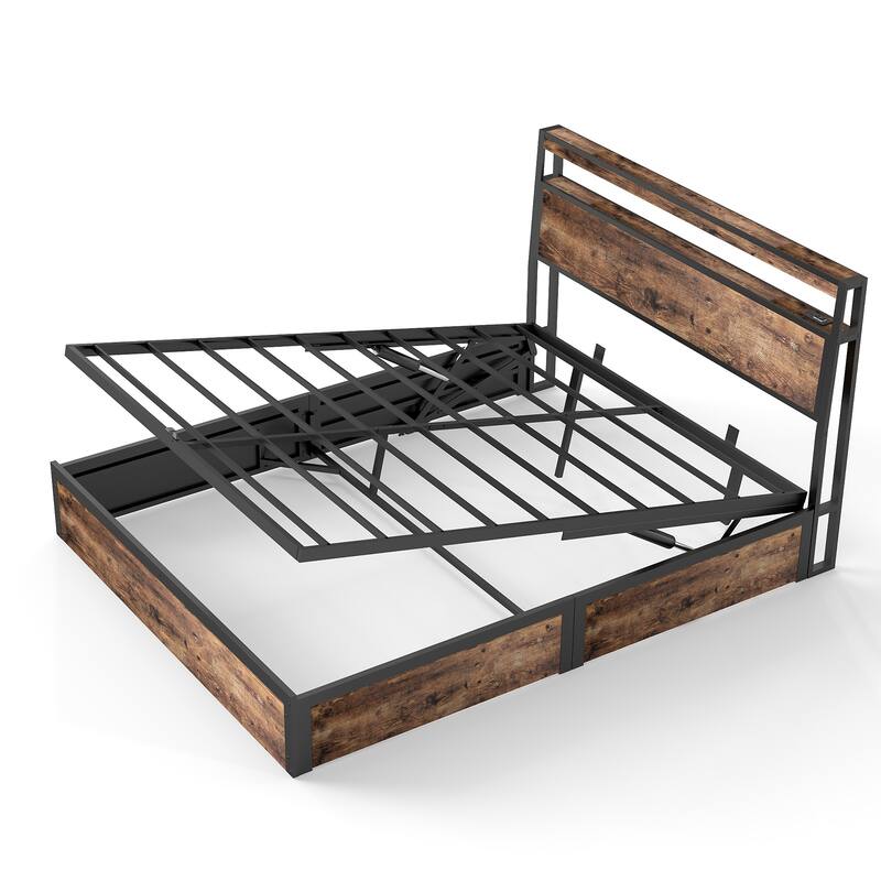 Lift Up Storage Bed Frame/Metal Platform Bed Frame with Charging Station&LED Lights/Noise-Free/No Box Spring Needed/Rustic Brown