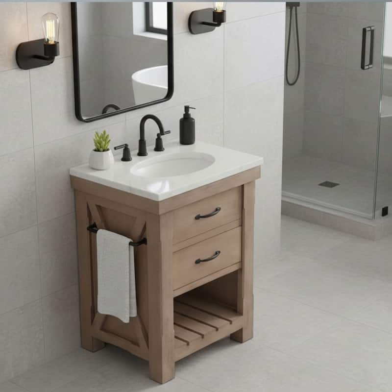 Deluxe natural finish vanity with 30 mm white marble top