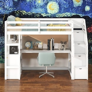 Twin Size Loft Bed With Desk And Shelves,Two Drawers,Staircase