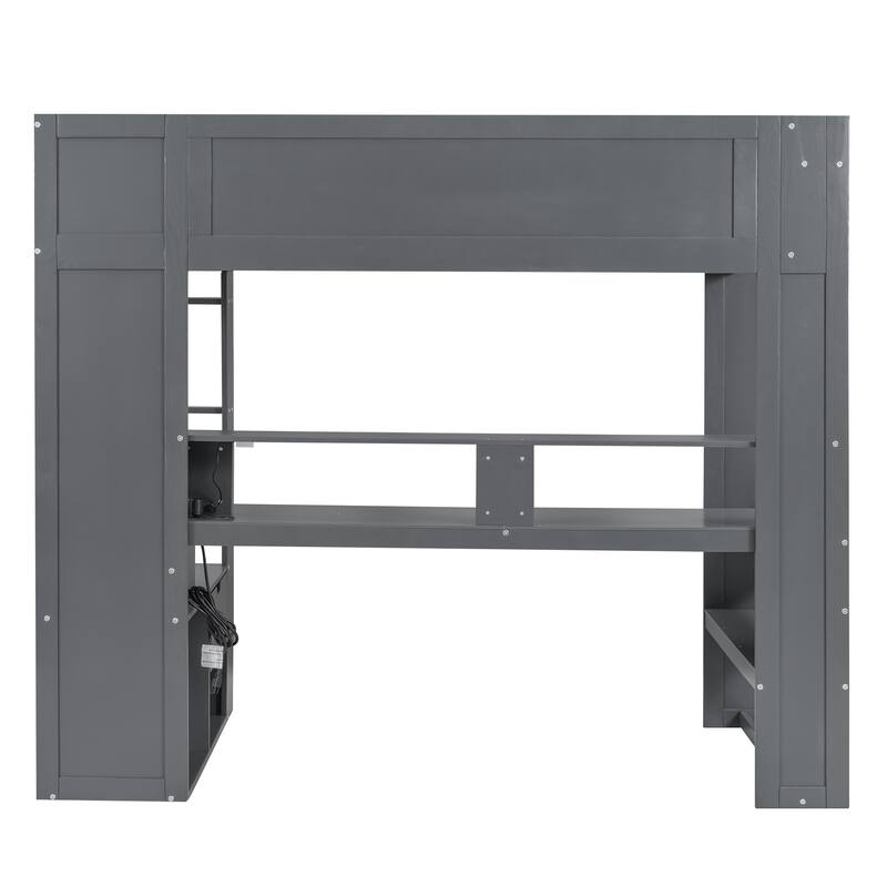 Twin Size Solid Wood MDF Gaming Loft Bed with Desk, Multi-storage Shelves, LED and Charging Station