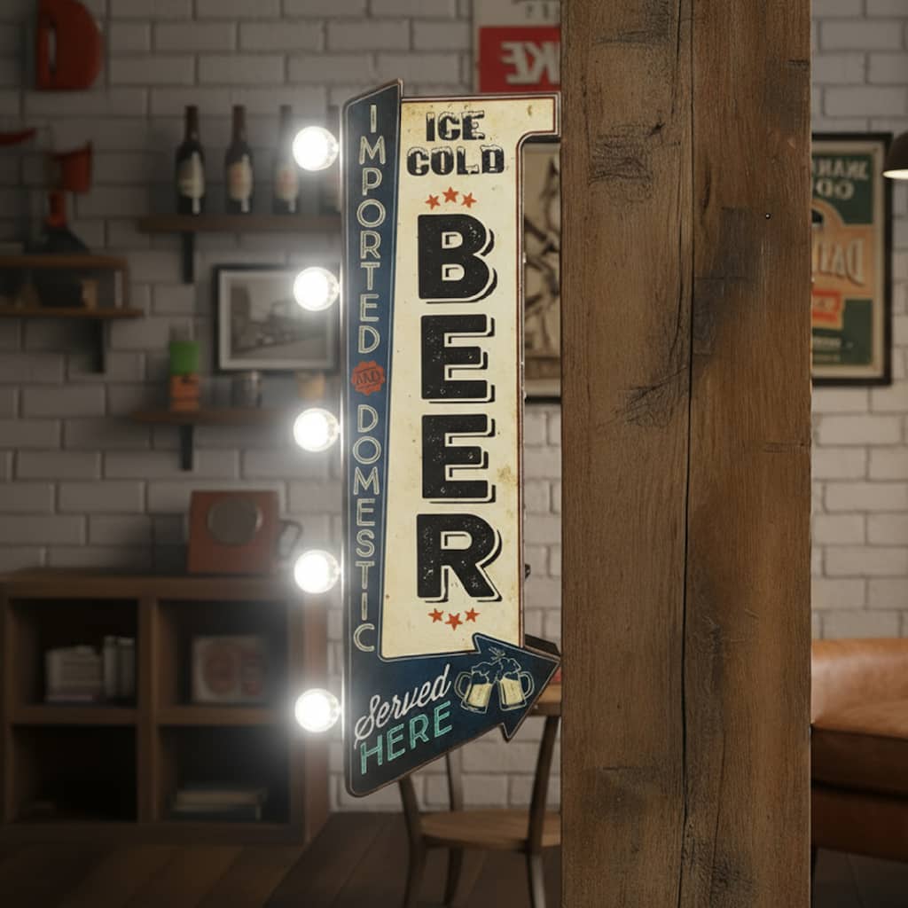 American Art Decor Vintage "Ice Cold Beer" LED Metal Sign - Retro Marquee Wall Decor - 9.3" x 25"