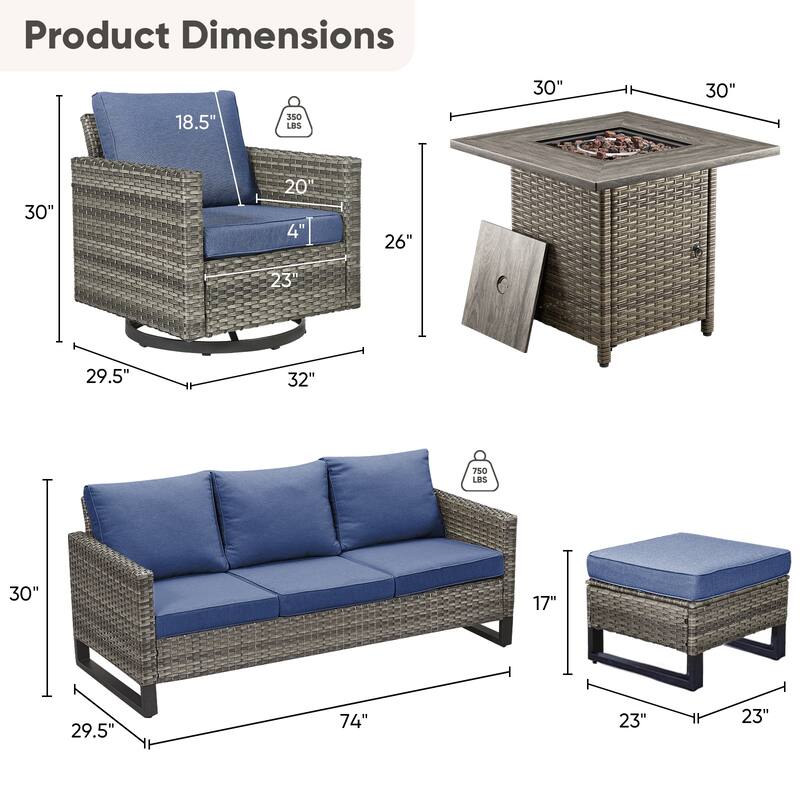 6 Pieces Fire Pit Table with Sofa Swivel Chair Ottoman Set