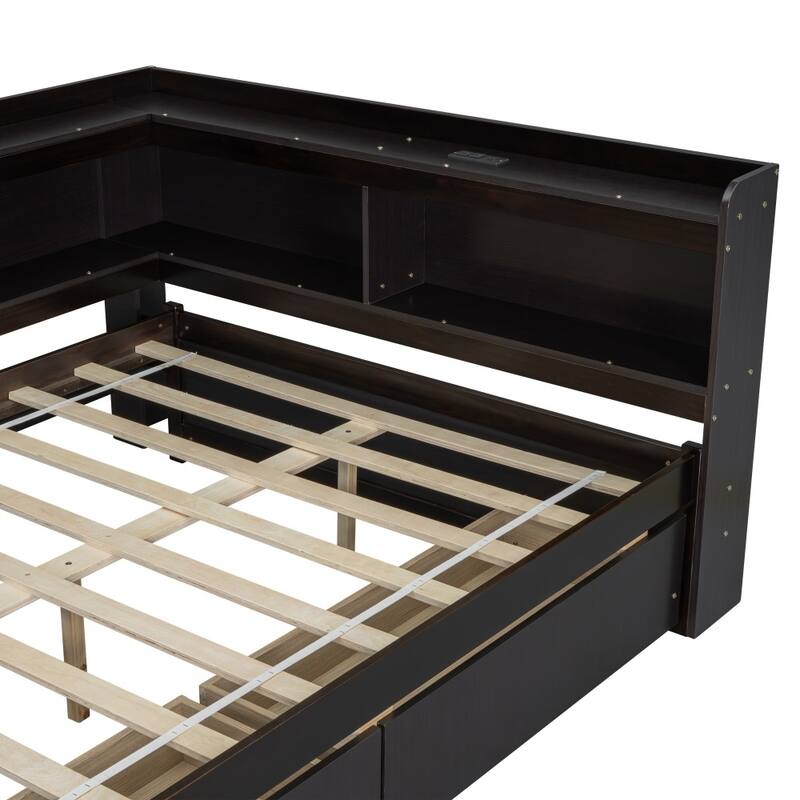 Full Size L-shaped Bookcases Bed with Power Outlets, USB Charging Ports and Two Drawers
