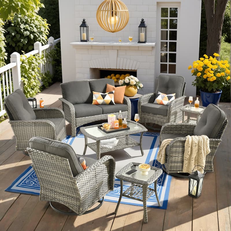 XIZZI Outdoor Patio Furniture Wicker Sofa Swivel Chair Set - 8-Piece - Black