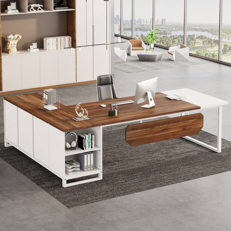 70.8" Executive Desk L-Shaped Office Computer Desk with 55" File Cabinet - White Walnut