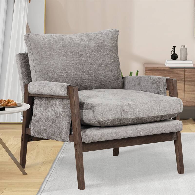 Mid-Century Velvet Living Room Accent Leisure Armchair with Solid Wood - Grey