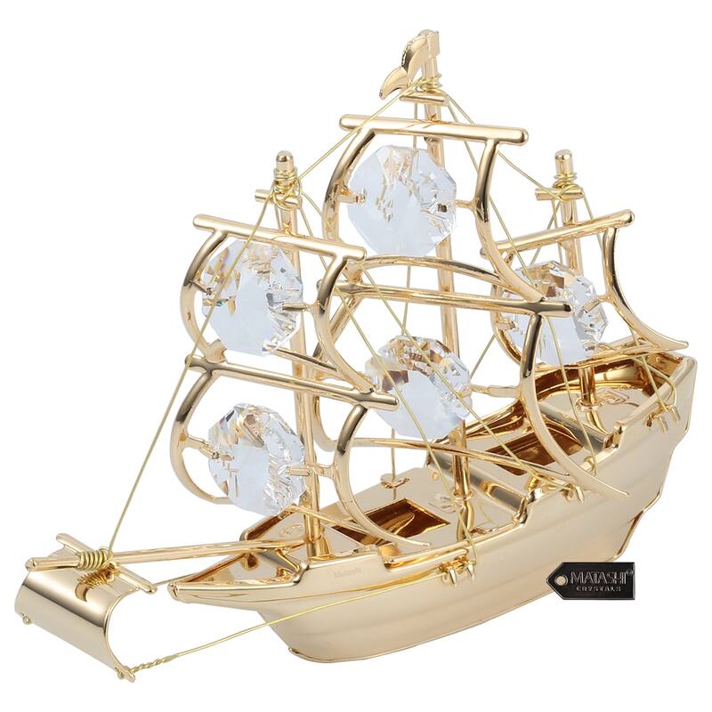 Matashi Home Decorative Tabletop Showpiece 24K Gold Plated Crystal Studded Mayflower Sailing Ship Ornament