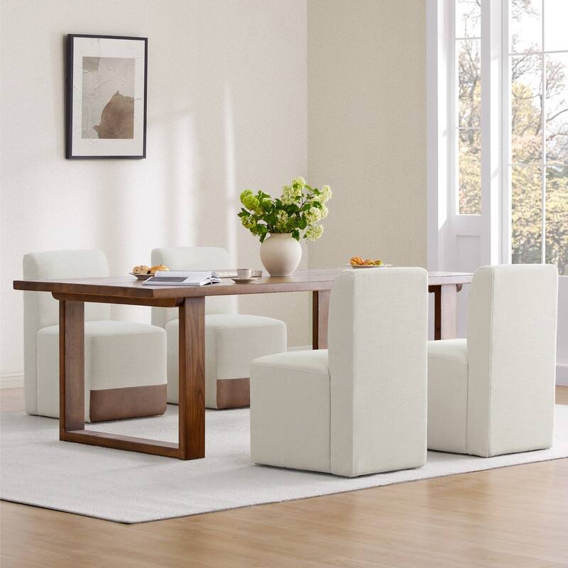 Spruce & Spring Charlotte Upholstered Dining Chairs with Casters Set of 2 - Set of 4 - Linen & Cognac Brown