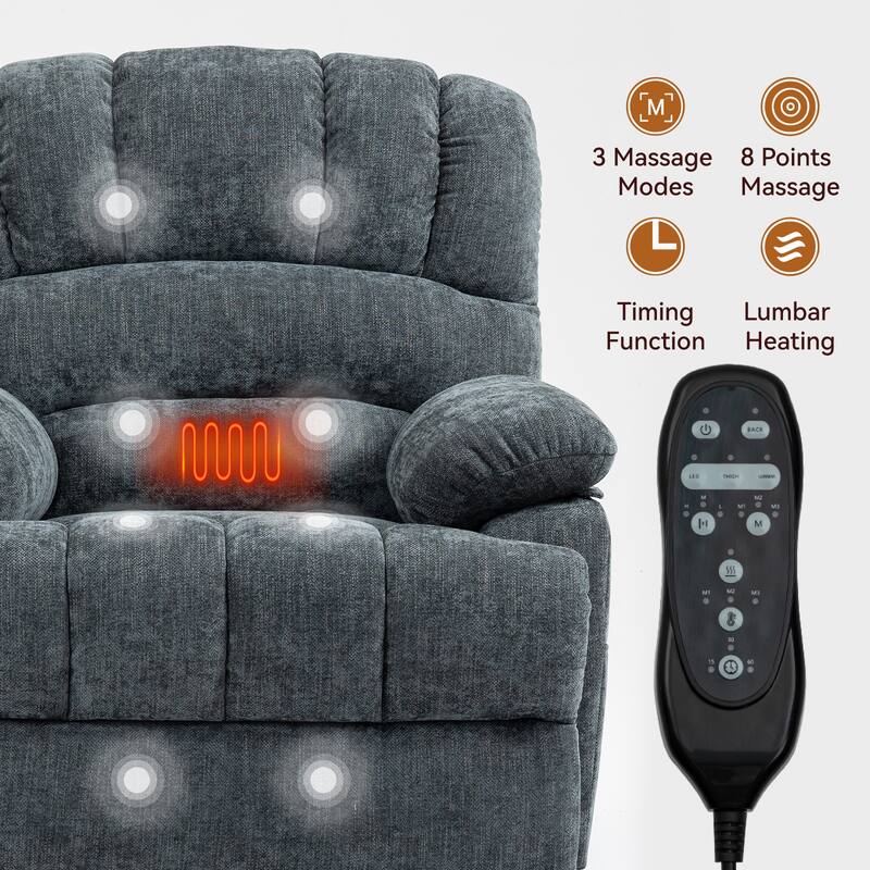 Roomfitters Oversized Power Lift Recliner Chair, Electric Massage Sofa with Heat, Large Chenille Stand Up Armchair, Blue Grey