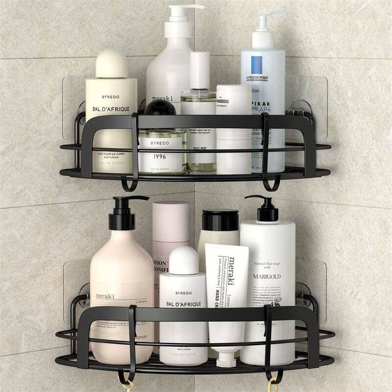 2 Pack Adhesive Wall Mounted Shower Caddy with 4 Movable Hooks