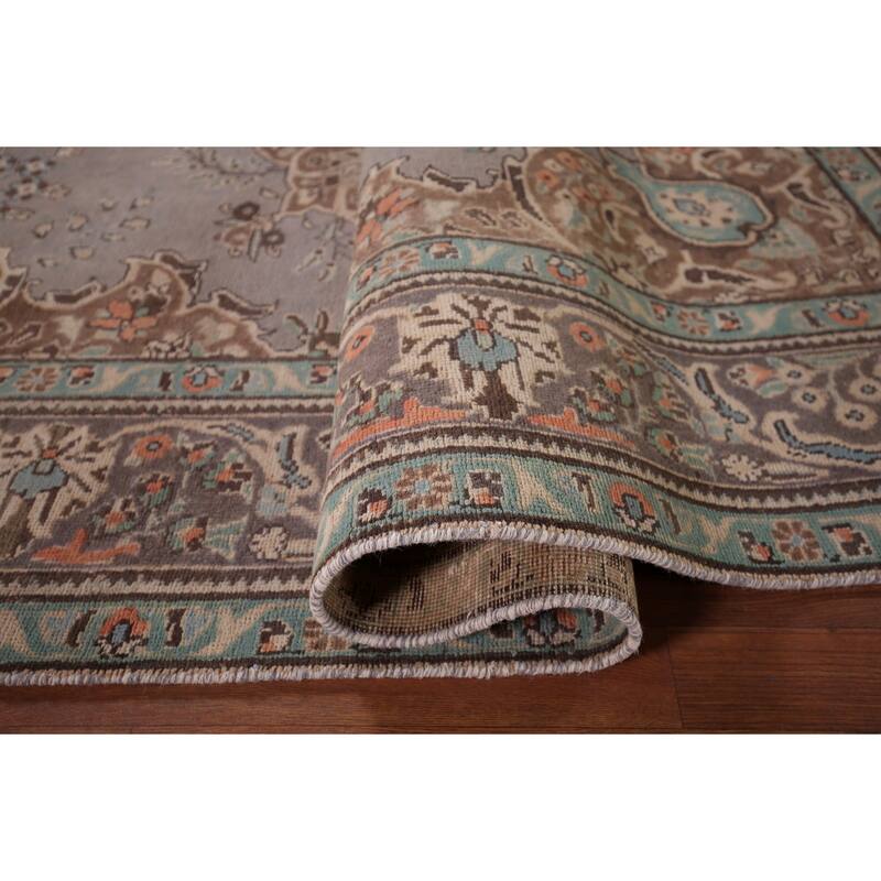 Hand Knotted Oriental 100% Wool Carpet Traditional Medallion Greys & Charcoal Tabriz Area Rug - 9' 8'' X 6' 5''