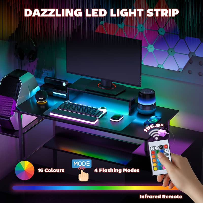RGB LED Lighted Gaming Desk with USB Charging Ports and Monitor Stand Storage Shelves