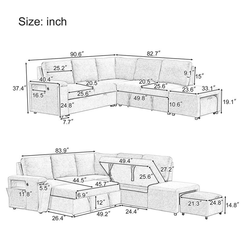 L-shaped Padded Modular Sofa w/Storage Space,USB Ports & Cup Holders