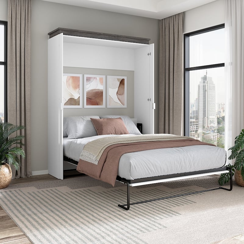 Orion 67W Queen Murphy Bed by Bestar - White/Walnut Grey