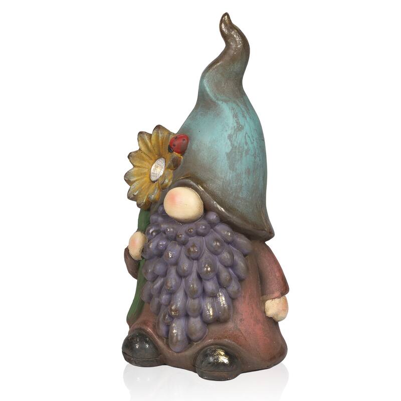 Solar Gnome Holding Flower w/ Turquoise Hat Statuary