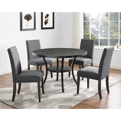 Modern Vintage Round High Dining Table Set, Dining Table and Stools with Artistic Nailhead Decoration, Industrial Style, Grey