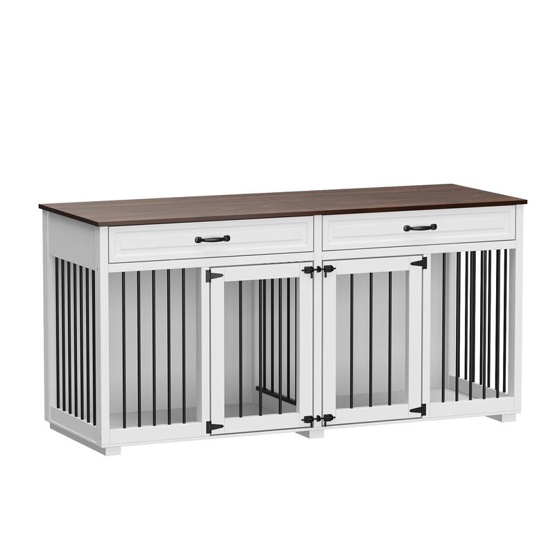 Wooden Double Dog Crate Kennel Furniture with 2 Drawers & Divider