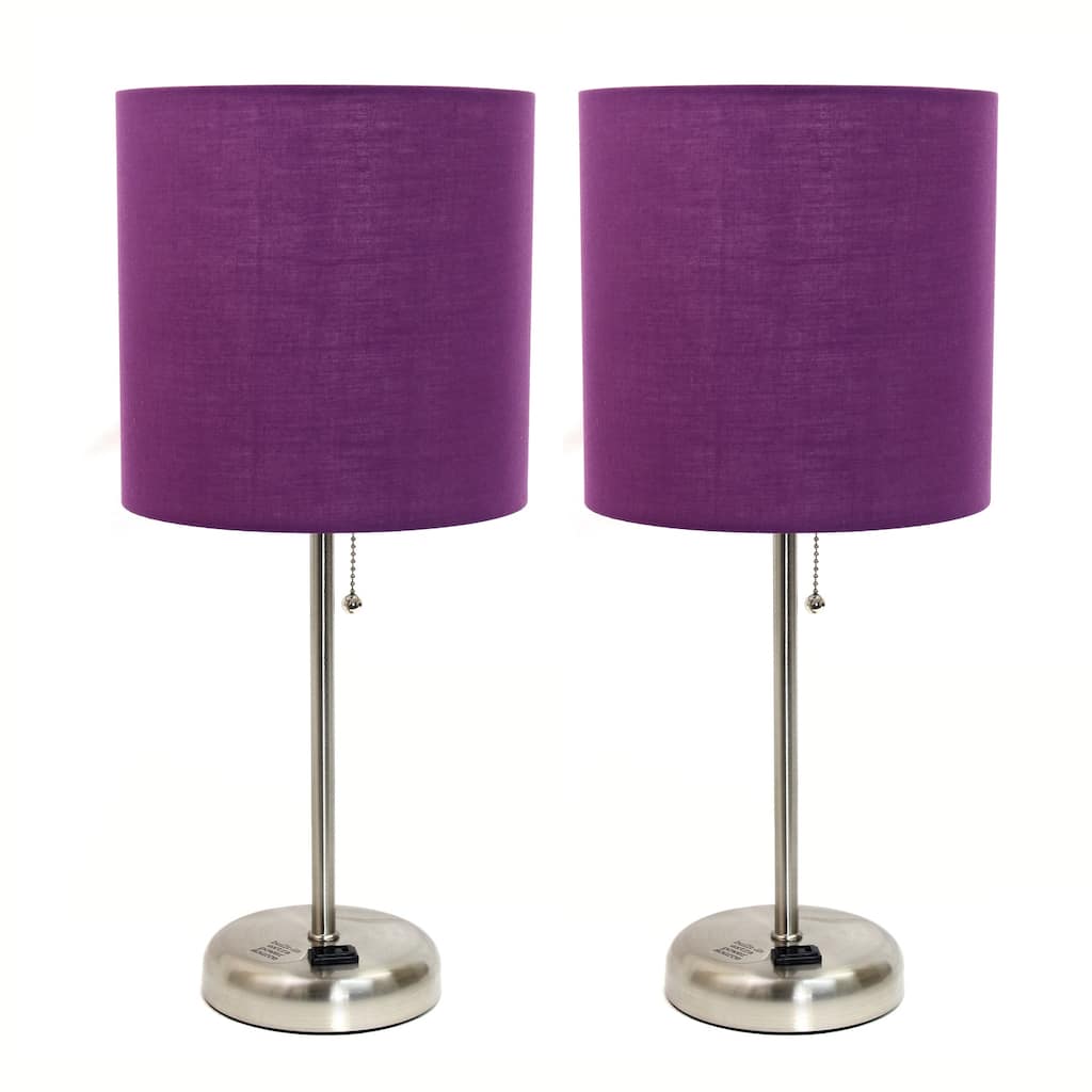 19.5 in. Brushed Steel Finish Table Lamp with Purple Shade, Durable Stick Lamp for End/Side Tables, Set of 2