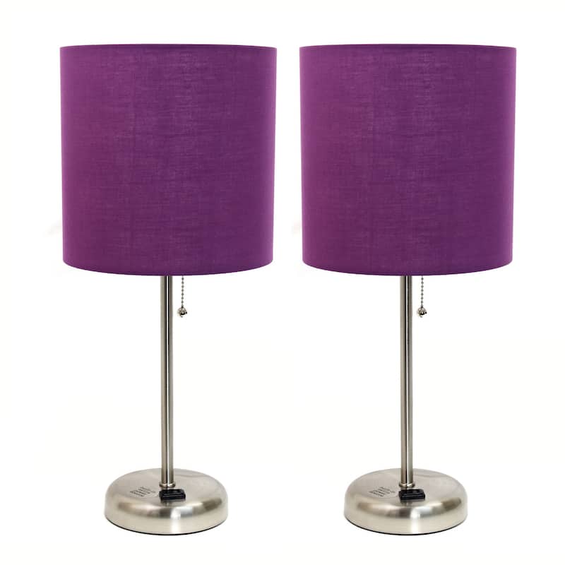 19.5 in. Brushed Steel Finish Table Lamp with Purple Shade, Durable Stick Lamp for End/Side Tables, Set of 2