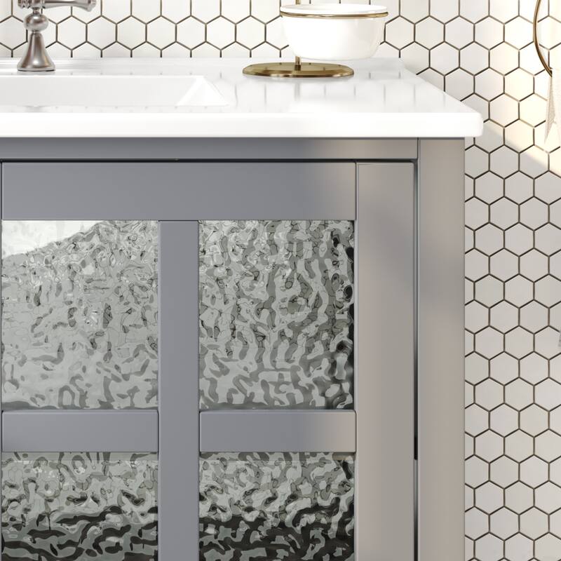 36" Bathroom Vanity with Ceramic Sink, Adjustable Shelf and Open Shelf with Wood Legs, Metal Knobs and Soft Close Hinges Design