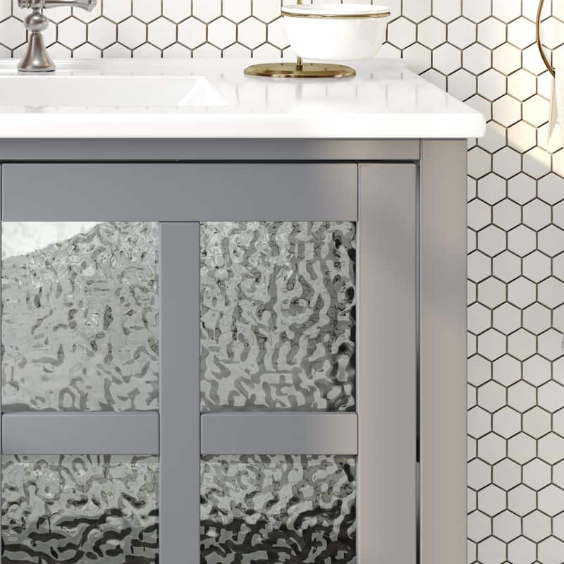 Roomfitters 36" Contemporary Bathroom Vanity with Ceramic Sink, Textured Glass Doors, Adjustable Shelf and Open Storage