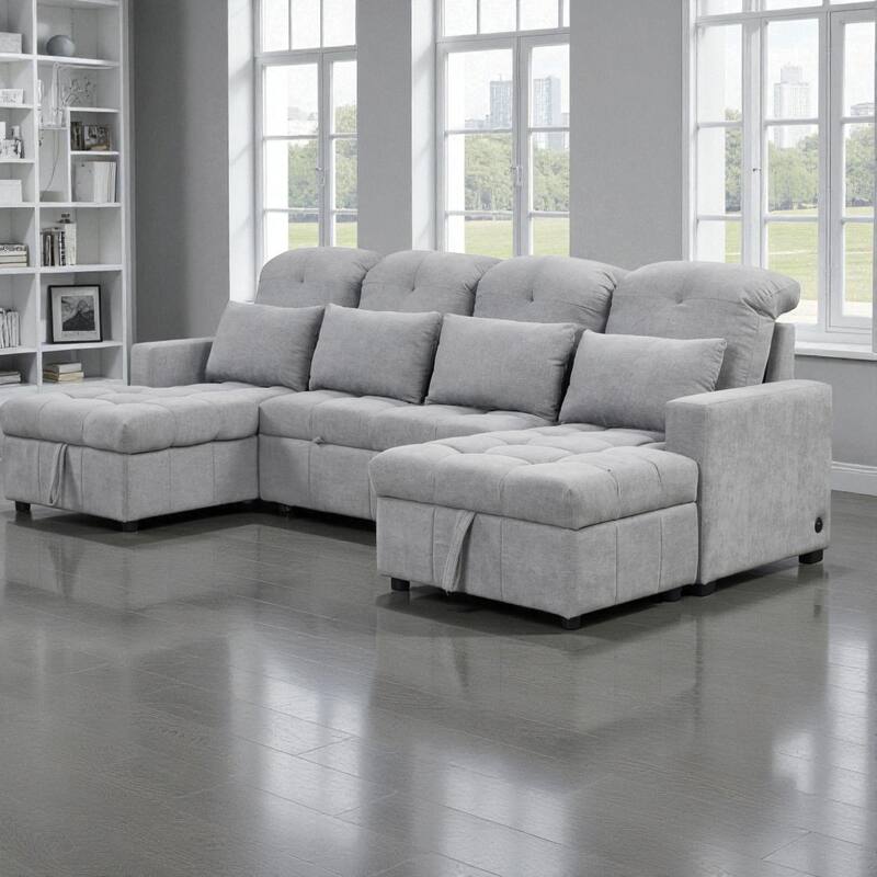 110" Oversized U-Shaped Sectional Sofa Pull-Out Sleeper with Double Storage Chaise Lounges and USB Ports for Living Room