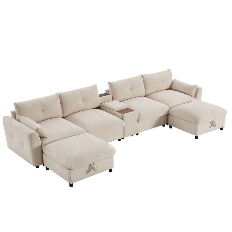Roomfitters 136'' Modular U-Shaped Sectional Sofa with Console, Cup Holder, USB, Storage Ottoman, Chenille