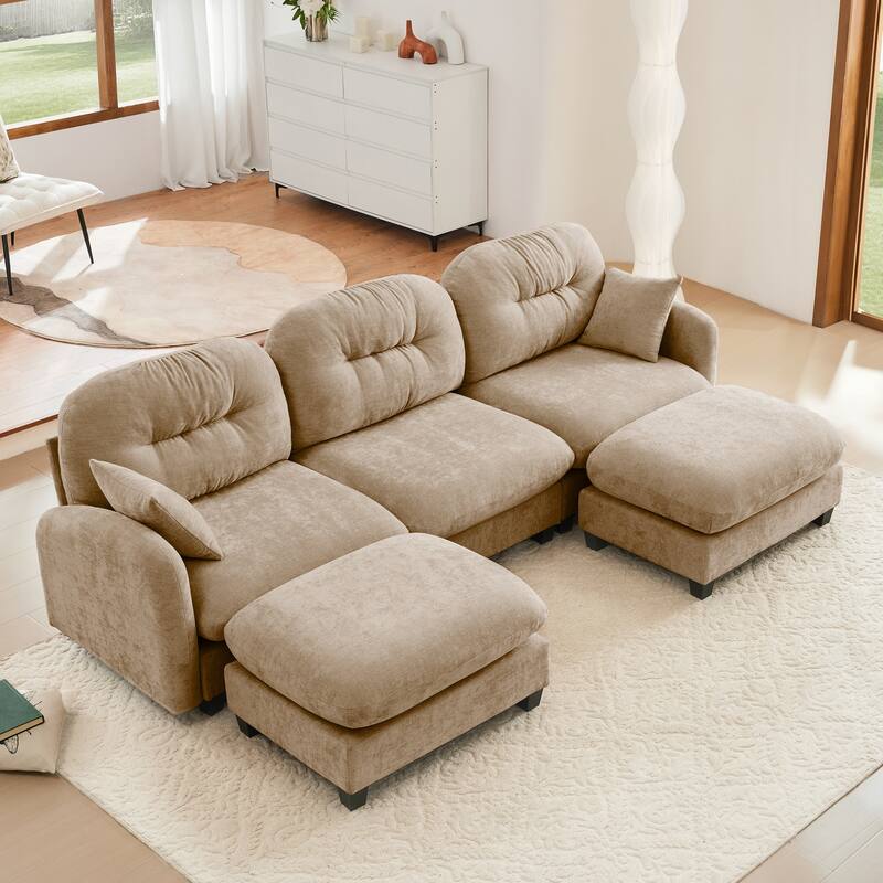 Modular Chenille Tufted Sofas Fits Bedroom, Living Rooms - Camel(3 Seat+2 Ottoman)