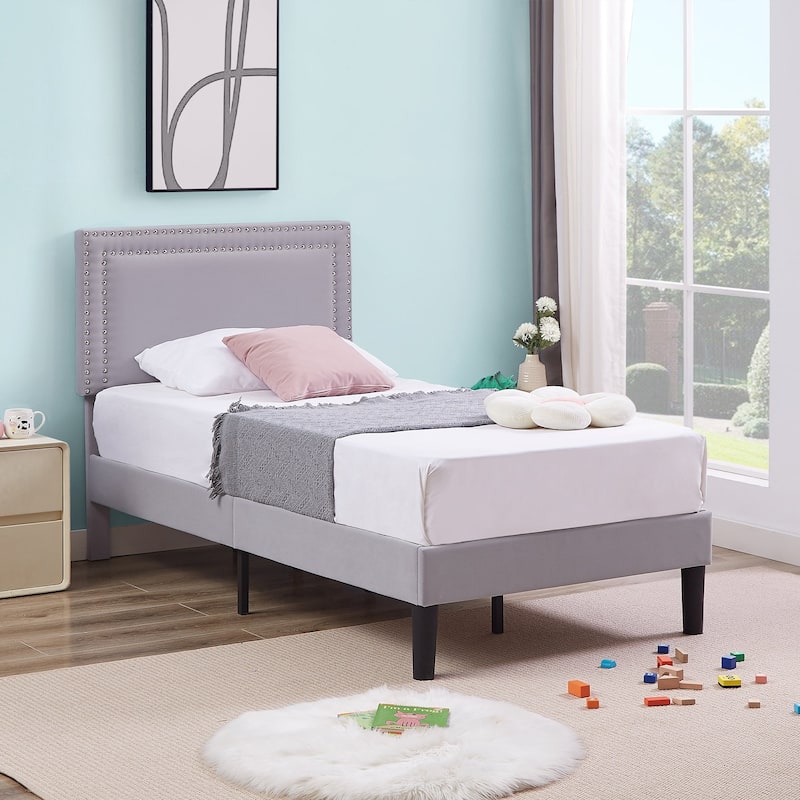 VECELO Twin Size Kids Beds Set of 2 Adjustable Headboard Soft Upholstered Headboard with Rivet Detail 8" Underbed Storage