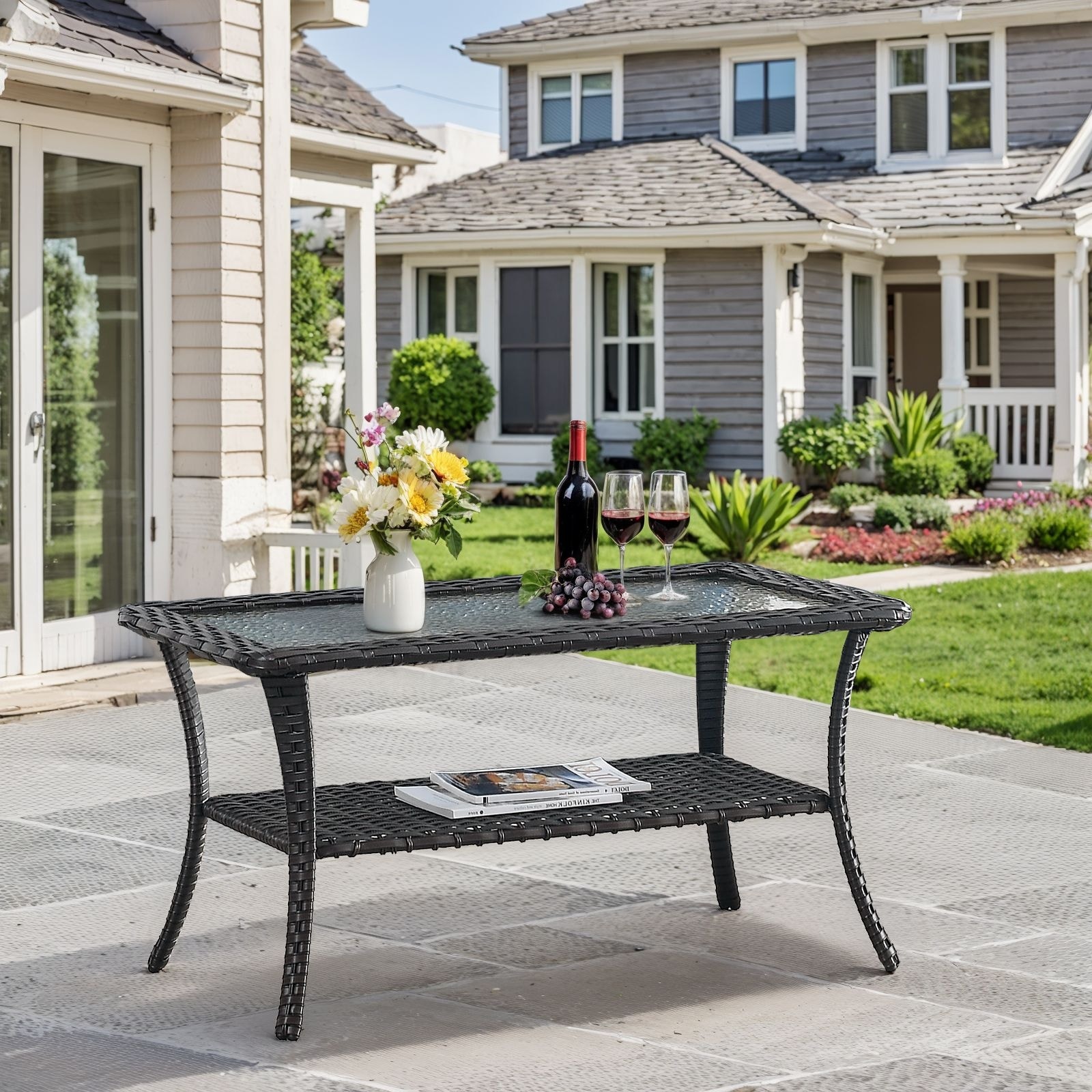 Pocassy Outdoor Patio Side Table 2 Tier Hand Woven Wicker Bistro Table with Tempered Glass Top Square Table Brown Wicker