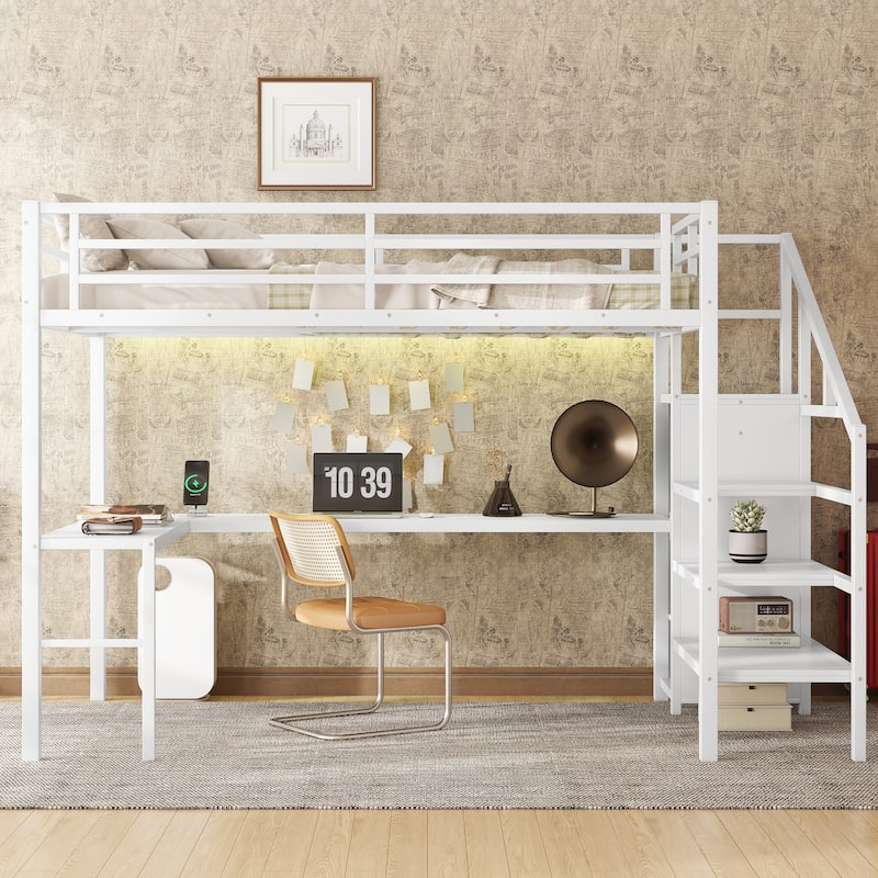 Full Size Metal Loft Bed with L-shaped Desk, Wardrobe, USB, LED, and Adjustable Shelf for Kids, Teens, and Adults