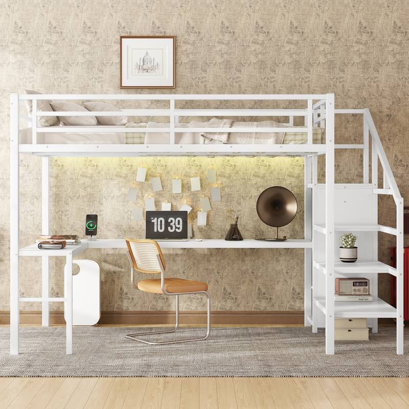 Roomfitters Full/Twin Size Metal Loft Bed with L-Shaped Desk, USB Ports, LED Lighting & Adjustable Shelves, White