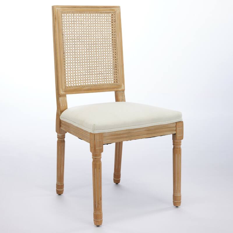 GDF Studio - French Modern Wood Dining Chairs with Rattan Backrest, Upholstered Seat, Set of 2 with Carved Frame