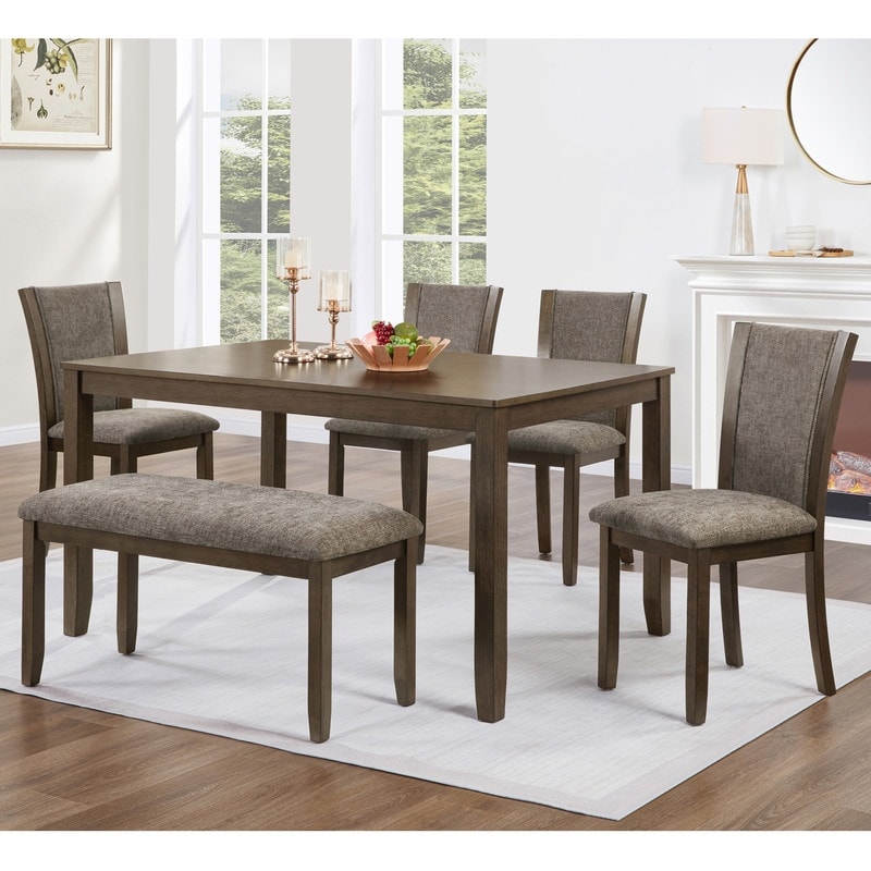 Farmhouse 6-Piece Wooden Dining Table Set with Comfortable Upholstered Chairs and Bench for Family Meals