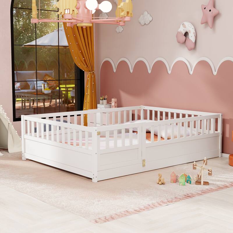 Twin/Full Size Montessori Floor Bed with High Guardrails and Door, Solid Wood Frame