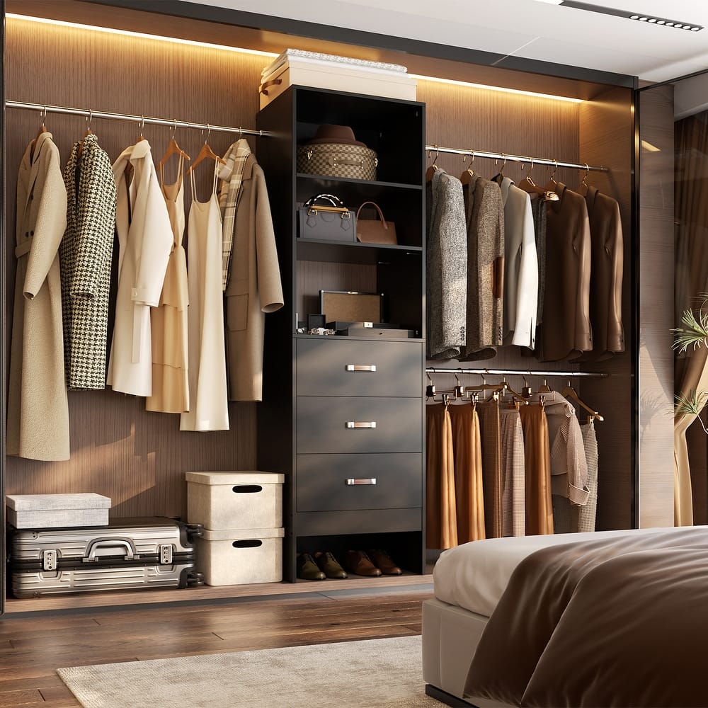 20.5-96'' W Closet Organizer System with Extendable Hanging Rods and Drawers and Tower Shelves