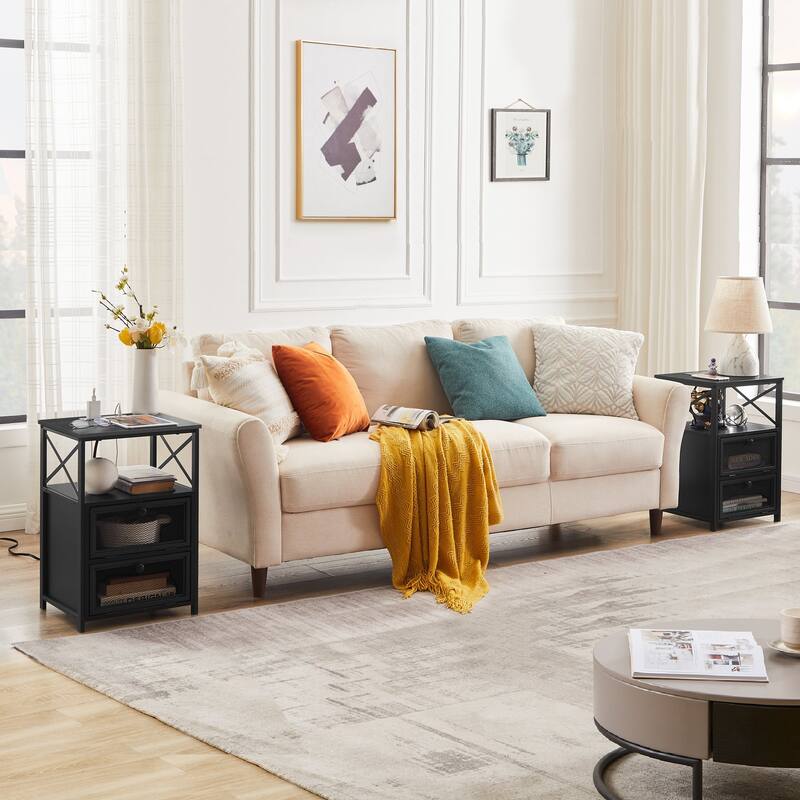 Set of 2 Nightstand End Table with Charging Station & 2 Flip Drawers, 2 USB Ports & 2 Power Outlet