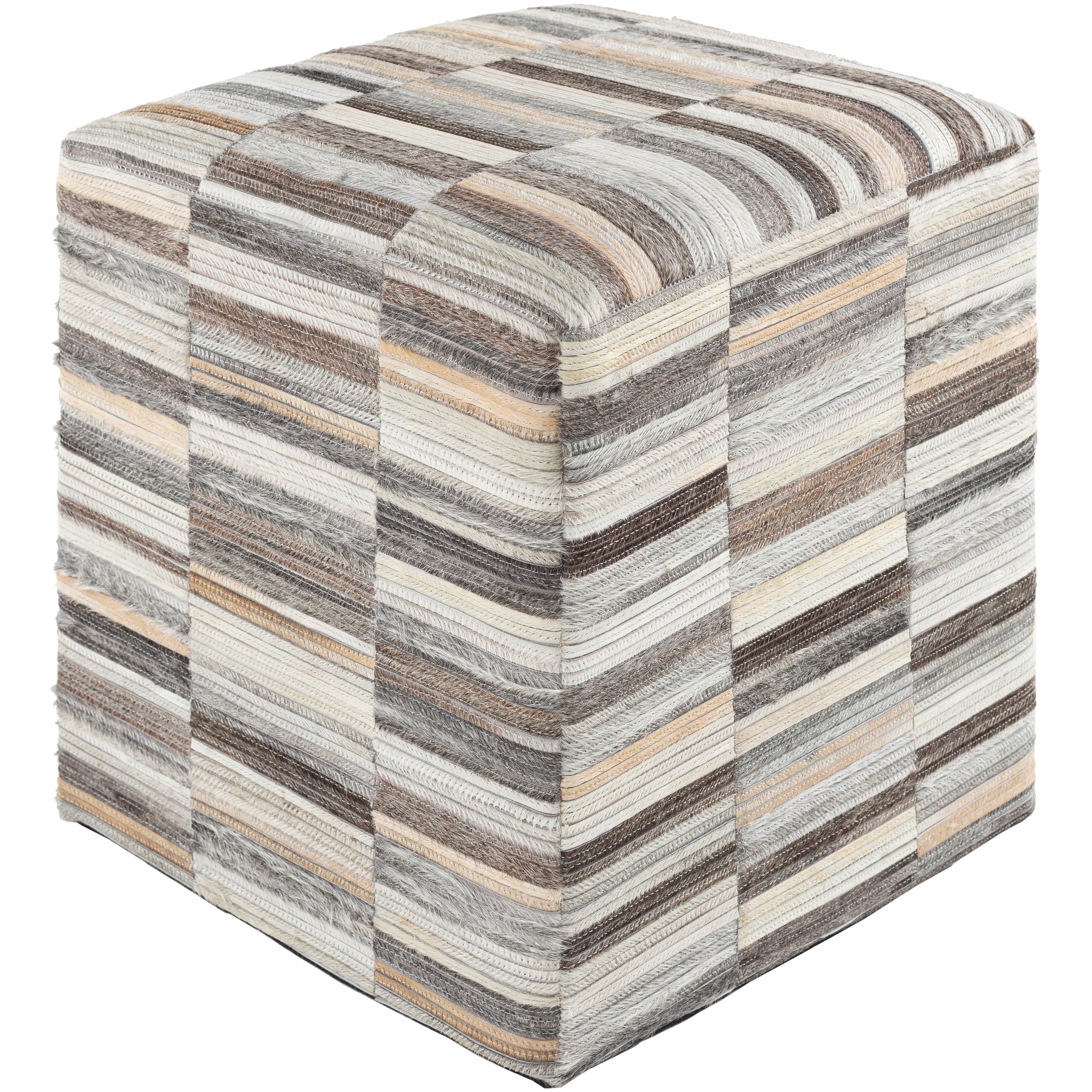 Shakir Hair on Hide Patchwork Striped Cube Ottoman