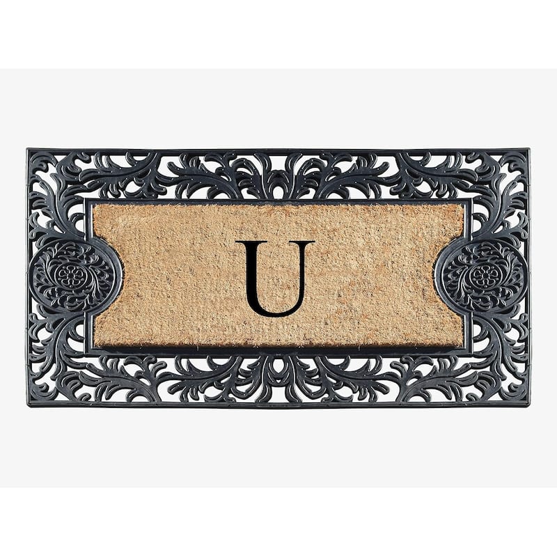 A1HC Floral Border Rubber and Coir Large Outdoor Durable Monogrammed Doormat, Black - 23" X 38"