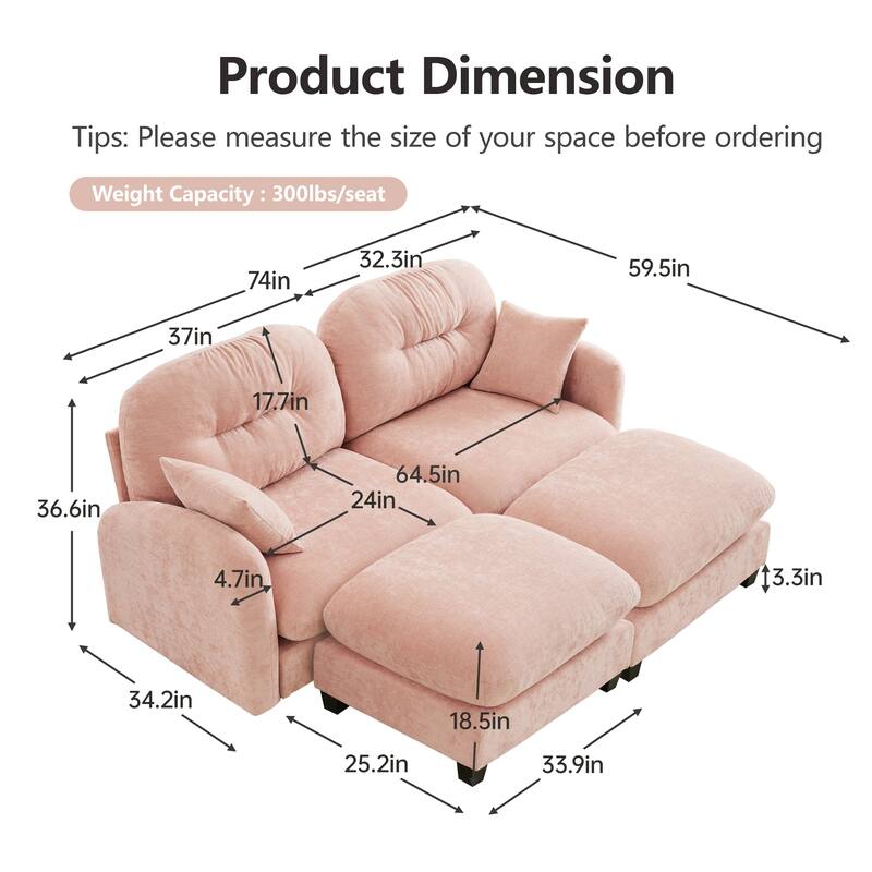 2 Seat Chenille Sofa Round Arms Sectional Sofa, Modern 74" Tufted Back Couch with Ottoman for Lving Room, Small Space
