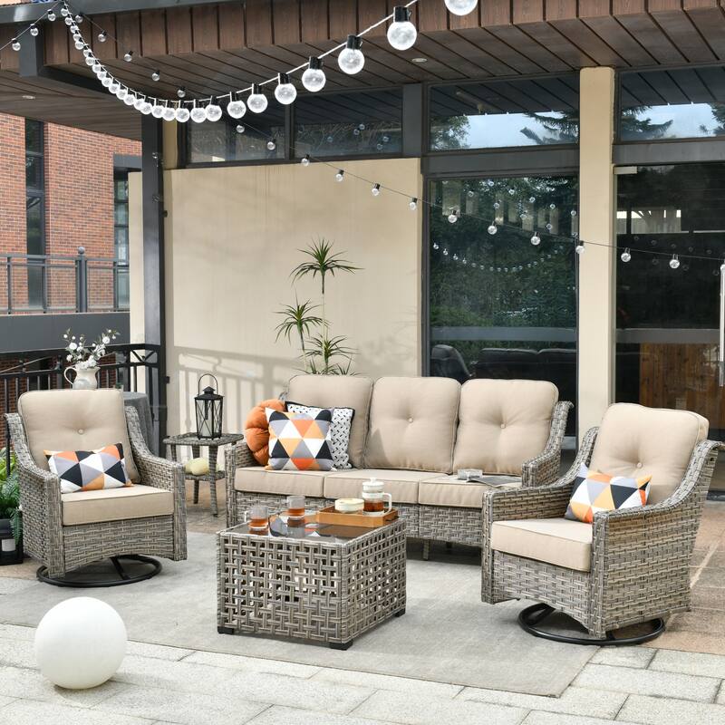 HOOOWOOO 5-piece Rattan Wicker Outdoor Conversation Set with Swivel Chair and Coffee Table - Beige